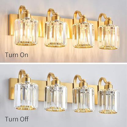 Crystal Vanity Lights, Modern 4-Light Bathroom Lights Over Mirror, Bathroom Light Fixtures with Polished Gold Finish for Mirror Bedroom Living Room (Exclude Bulb)