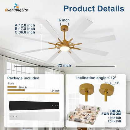Large Ceiling Fans with Lights: Modern 72 Inch 8 Blade Outdoor Ceiling Fan with Remote APP Control - Dimmable White Gold Big Fan Light Indoor Reversible 6 Speed Quiet DC Motor