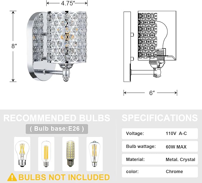 Modern Concise Polyhedral Crystal Shade Wall Sconce Light Fixture,for Bathroom Bedroom Living Room Bedside 2 Pack 1 Light Chrome Finish