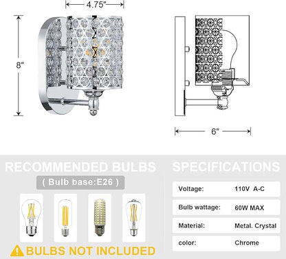 Modern Concise Polyhedral Crystal Shade Wall Sconce Light Fixture,for Bathroom Bedroom Living Room Bedside 2 Pack 1 Light Chrome Finish