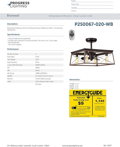Briarwood Collection 22-Inch 3-Blade AC Motor Farmhouse Ceiling Fan Antique Bronze