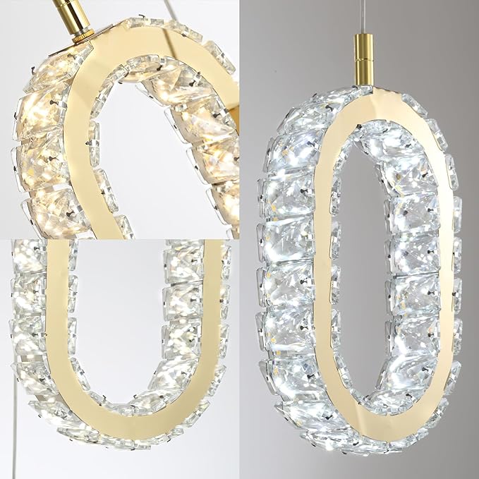 Dimmable Oval Ring Pendant Light Modern LED Crystal Ring Chandelier for Dining Room Bedroom Living Room Pendant Lights for Kitchen Island Adjustable 3-Light Gold