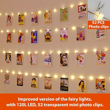 HXWEIYE 120LED Warm White 40Ft Fairy String Light with 52 Clear Clips & 12 Hooks, USB Powered, Waterproof, 8 Modes & Timer, Perfect for Indoor/Outdoor, Bedroom, Party, Wedding Decor