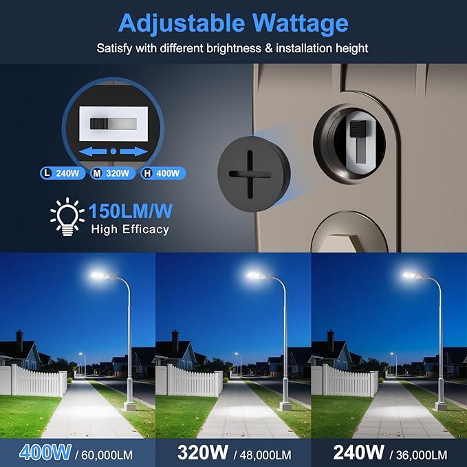 KUKUPPO 6Pack 480V 400W LED Parking Lot Light Power Adjustable, LED Shoebox Flood Pole Light Outdoor Parking Lighting with Slip Fit 60,000LM 5000K IP65 Waterproof 277-480V ETL Listed