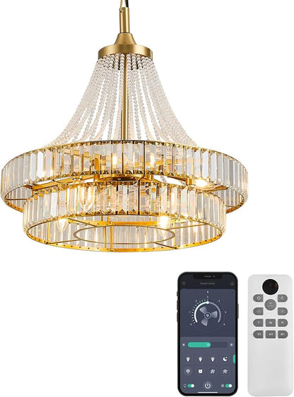24“ Modern Crystal Chandelier Ceiling Fan with Lights, Remote & App Control, 6-Speed Reversible Large Fandelier, Double Layer Design for Bedroom, Living Room (Luxury Gold)