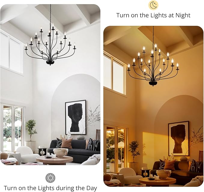 15-Light Black Farmhouse Chandelier, 39" Modern Farmhouse Dining Room Light Fixture for Hight Ceiling, Metal Vintage Entryway Chandelier for Foyer Hallway Entryway Living Room Kitchen E12