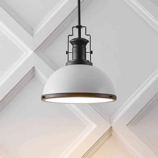 JONATHAN Y 13" Matte Black/White Modern Industrial Iron LED Dome Pendant Light, Adjustable Hanging Fixture for Kitchen Island or Entryway, White Metal Shade, LED Bulb Included (JYL9536E)