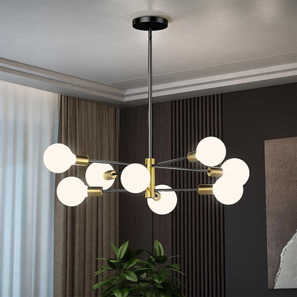 Modern Sputnik Chandelier, Ceiling Light Fixture Flush Mount 8-Light Black and Gold Chandeliers for Living Room Bedroom Dining Room Kitchen, Mid Century Chandeliers, E26 Base,(Bulbs Not Included)
