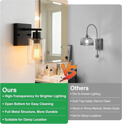 2-Pack Wall Sconces for Bathroom, Matte Black Vanity Lights, Modern Wall Light Fixture with Clear Glass Shade, Farmhouse Wall-Mount Lighting Lanterns, Wall Lamps for Mirror Living Room Bedroom Hallway