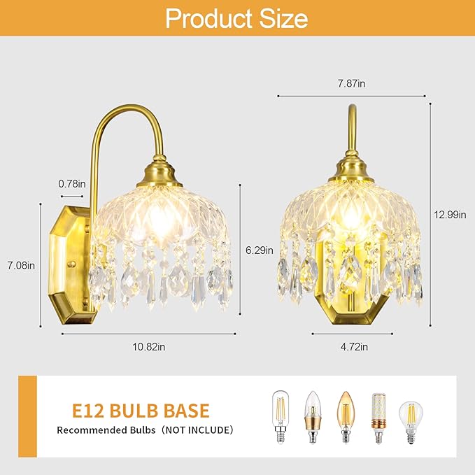 2-Pack Vintage Wall Sconce,Glass Crystal Wall Sconce,Matte Brushed Antique Brass Finish Set of Two for Bedroom Bathroom Hallway Living Room Decor