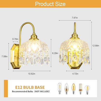 1-Pack Vintage Wall Sconce,Glass Crystal Wall Sconce,Matte Brushed Antique Brass Finish for Bedroom Bathroom Hallway Living Room Decor