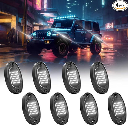 Rock Lights Ultra Bright LED Neon Underglow Lights Waterproof for Trucks Pickup SUV UTV ATV RZR Car Boats Motorcycle (White, 8 Pods)