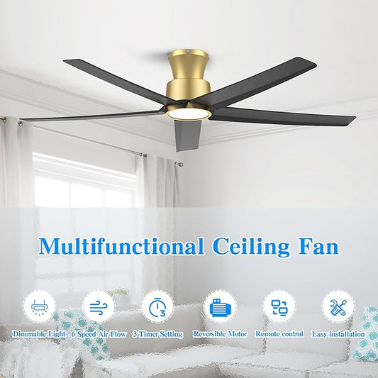 ocioc 52 inch Ceiling Fans with Lights, Large Air Volume Ceiling Fans with Reversible Quiet DC Motor and Remote 2 Pack（Black-Gold）