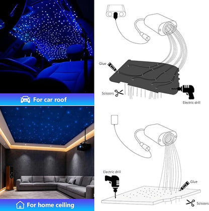 AMKI Mini 6W Starlight Headliner Kit 200pcs 0.03in 6.5ft,Twinkle+Sound Activated Fiber Optic Light 4Lamp Beam Starlight Box APP/Remote Control for Car Home Star Ceiling Decoration