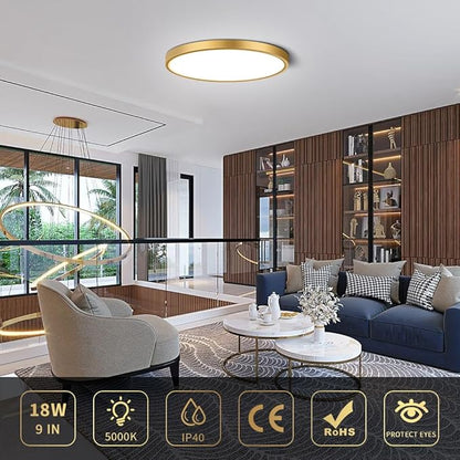 9Inch LED Flush Mount Ceiling Light Fixture, 18W(180W Equivalent), 1800LM, 5000K Daylight White, IP40, Flat Modern LED Ceiling Lights for Bedrooms, Living Rooms, Bathrooms, Stairwells, etc.(Gold)