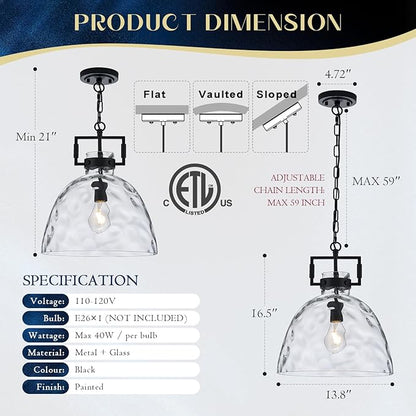 Glass Pendant Light, 13.8 Inch Single Hanging Ceiling Light with Adjustable Chain, E26 Base Oversized Hammered Clear Glass Kitchen Island Pendant Lighting in Matte Black for Dining Room, Entryway