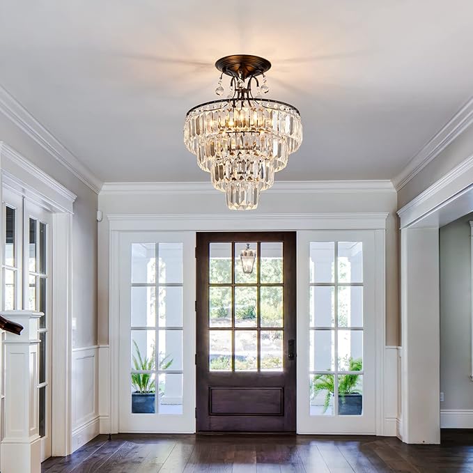 CVKASH 5 -Lights Crystal Round Chandelier Antique Modern Black Semi Flush Mount Ceiling Light Fixture Ceiling Lighting for Living Room Dining Room Bedroom Entryway Foyer Bathroom with E12