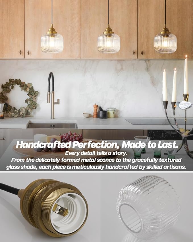Vintage Ceiling Pendant Light with Clear Ribbed Glass Lampshade, Industrial Globe Hanging Light Fixture for Kitchen Island Hallway Dining Room Stairway