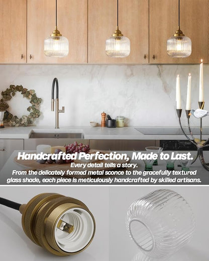 Vintage Ceiling Pendant Light with Clear Ribbed Glass Lampshade, Industrial Globe Hanging Light Fixture for Kitchen Island Hallway Dining Room Stairway