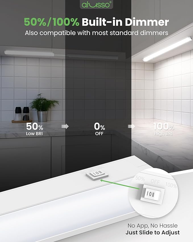 ALUSSO 18 Inch LED Under Cabinet Lighting Hardwired 120V, 5CCT Color Selectable 2700K-5000K Dimmable 10W 800LM High Brightness, CRI 90+ Strip Linkable Under Counter Lights for Kitchen Sink, 1 Pack