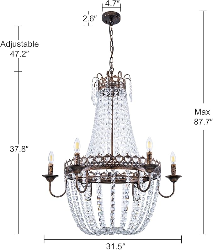 Wellmet French Empire Crystal Chandelier, 6-Light Farmhouse Antique Bronze Chandelier, Hanging Ceiling Mount Light Fixture for Dining Living Room, Bedroom, Bathroom, Kitchen Island, Hallway, 31.5" W