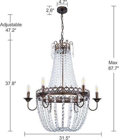 Wellmet French Empire Crystal Chandelier, 6-Light Farmhouse Antique Bronze Chandelier, Hanging Ceiling Mount Light Fixture for Dining Living Room, Bedroom, Bathroom, Kitchen Island, Hallway, 31.5" W