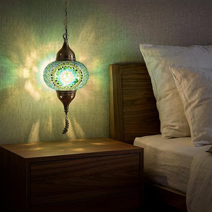 Turkish Moroccan Mosaic Pendant Light - Handcrafted Tiffany Style Swag Lamp with 15ft Cord, Vintage Glass Ceiling Fixture for Mediterranean Decor (Green1)