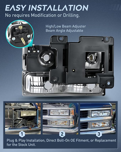 Nilight Headlight Assembly Compatible with 1988 1989 1990 1991 1992 1993 1994 1995 1996 1997 1998 Chevrolet GMC C10 C/K 1988-1999 Silverado Suburban Sierra Blazer Tahoe Yukon Chrome Housing