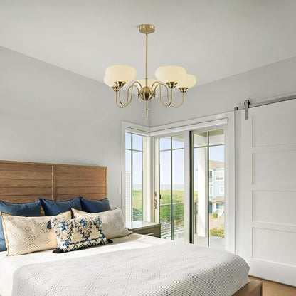 BOKT Modern Chandelier for Living Room, Mid Century Gold Chandelier for Dining Room, Vintage Milk Glass Globe Chandeliers for Different Ceilings