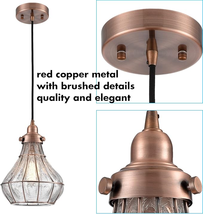 YUBOLE Copper Pendant Light with Cracked Glass Shade Vintage Kitchen Pendant Light Fixture E26 Based Red Antique Copper, Glass Hanging Light for Kitchen Dining Foyer