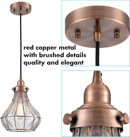 YUBOLE Copper Pendant Light with Cracked Glass Shade Vintage Kitchen Pendant Light Fixture E26 Based Red Antique Copper, Glass Hanging Light for Kitchen Dining Foyer