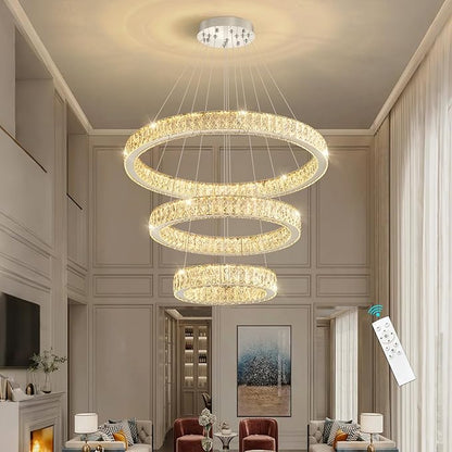 Modern Crystal Chandelier 55W Dimmable LED Chandeliers with Remote Luxury Height Adjustable Pendant Lighting for Living Room Dining Room Silver