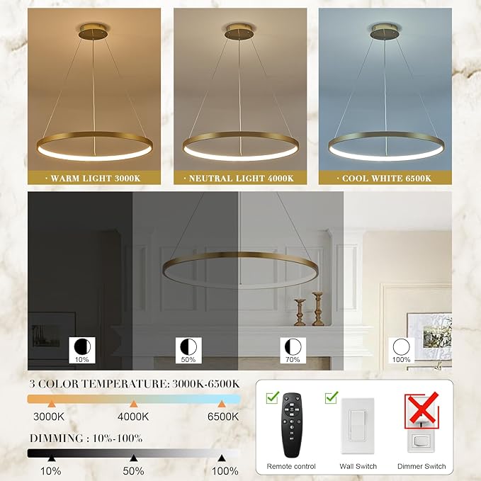 Brushed Gold LED Ring Chandelier 1-Ring 24" Remote Control Dimmable Flush Mount Pendant Chandelier for Dinning Room Office Kitchen Living Room,3000-6500K