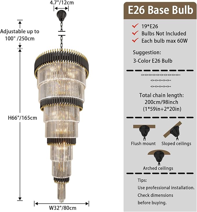 Large 7-Tier Black and Gold Chandelier 94.5" H x 32" W Modern Luxury Long Crystal Chandelier Lighting Fixture for High Ceiling Staircase Foyer Entryway Living Room Villa Hall
