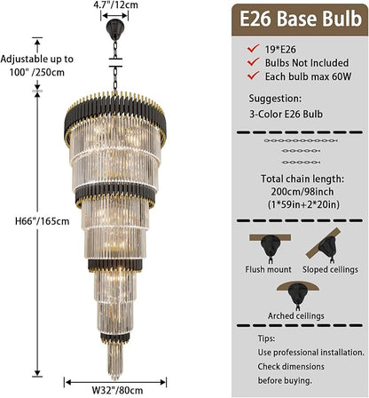 Large 7-Tier Black and Gold Chandelier 94.5" H x 32" W Modern Luxury Long Crystal Chandelier Lighting Fixture for High Ceiling Staircase Foyer Entryway Living Room Villa Hall