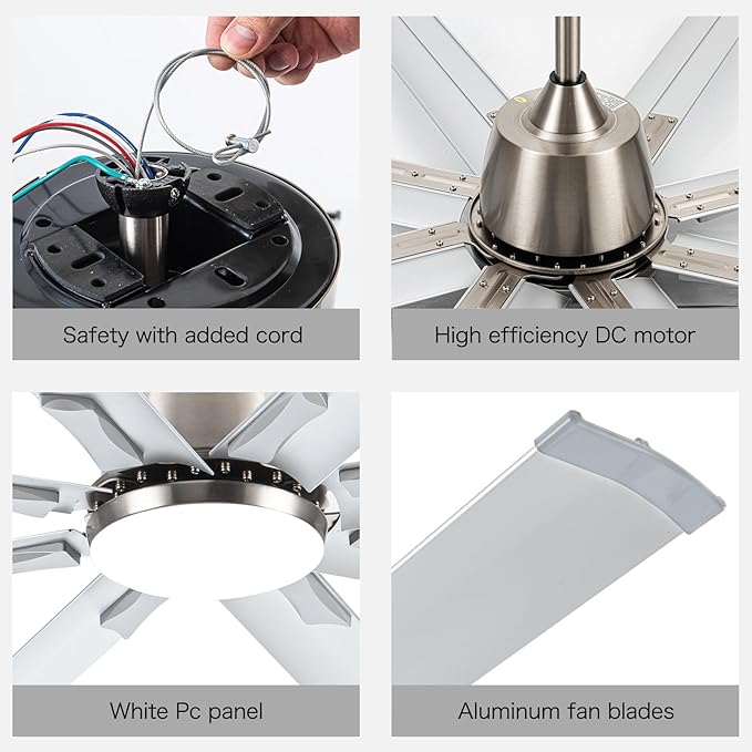 84 Inch Industrial Ceiling Fans with Light,Large Ceiling Fan with Modern 8 Aluminum Blades,Compatible with Alexa,Noiseless DC Motor,Black Outdoor Fan for Garage or Pool area