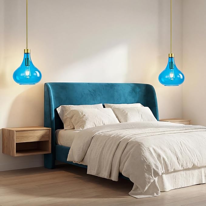Modern Glass Pendant Light 9.44 in Blue Glass Shade Gold Farmhouse Island Pendant Lights for Kitchen Pendant Lighting Over Sink Bedroom Dining Room