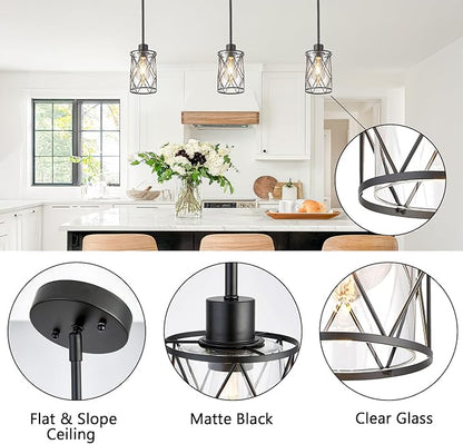 Refice Glass Pendant Lights Kitchen Island, Black Kitchen Hanging Light with Clear Glass, Farmhouse Cage Mini Pendant Lighting for Sink Dining Room Bedroom Bar, 2 Pack