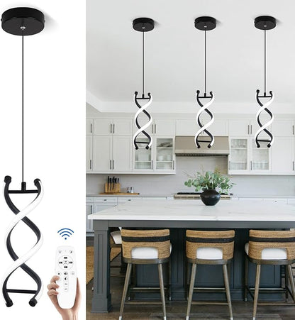CANEOE Spiral Led Pendant Light Fixtures,3000K-6000K Dimmable Modern Integrated LED Pendant Lamp, Adjustable Height Kitchen Hanging Light Fixture for Living Room Bedroom Kitchen Sink, 1 Pack (Black)
