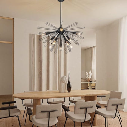 10-Light Black Sputnik Chandelier, 33" Modern Starburst Dining Room Light Fixture, Adjustable Height Rustic Solid Metal Large Sputnik Chandeliers for Living Room Bedroom Kitchen Foyer