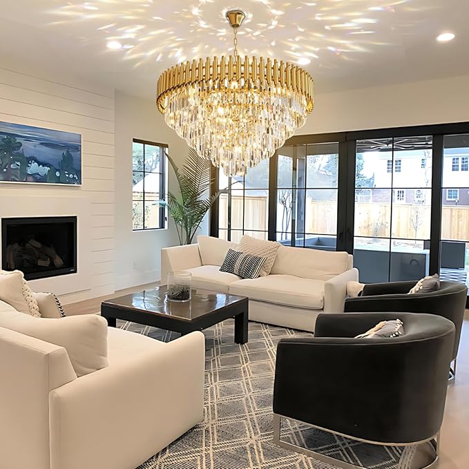 32 inch Gold Crystal Chandelier 6-Tier Modern Luxury Pendant Light Fixture for High Ceiling 13-Light Large K9 Crystal Lighting for Foyer Living Room Dining Room