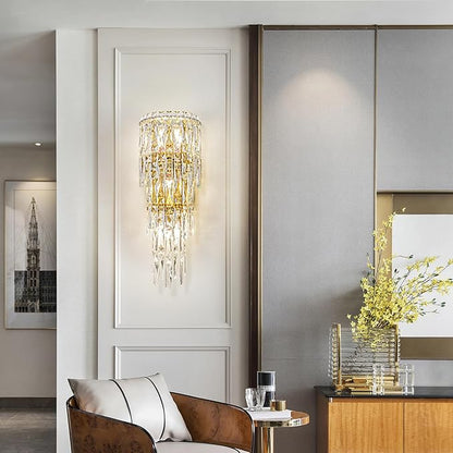 Modern K9 Crystal Wall Sconce, Gold Finish Wall Light Fixture, Acrylic Crystal Drops Wall Lamp Bedside Light 3 Tiers Crystal Wall Lamp for Bedroom Living Room，E12 Base