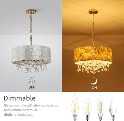 LumFurn 4-Light Drum Capiz Shell Crystal Chandeliers, Coastal Style Pendant Light Fixture for Dining Room, Living Room, D18 x 21~68"(Adjustable), Shell Lampshade & Gold Finish