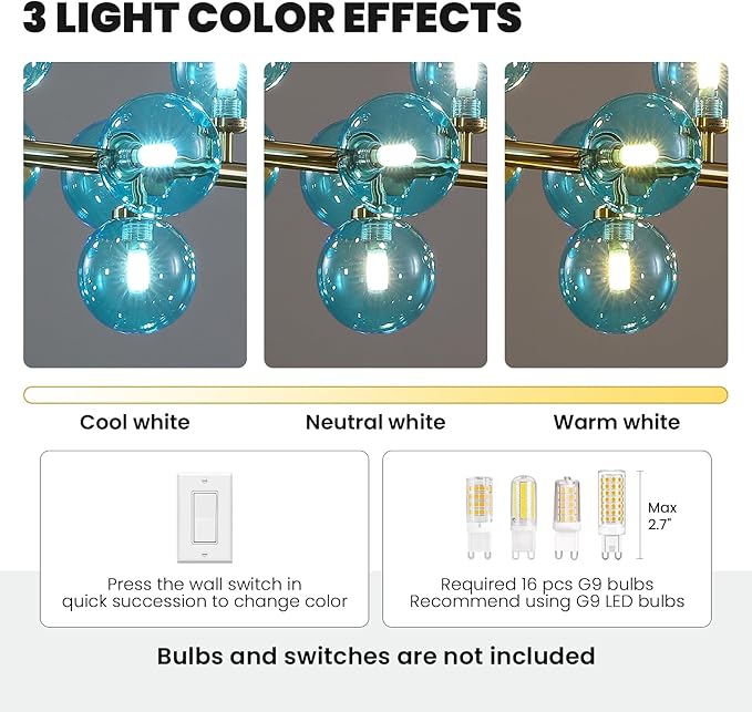 Mid Century Modern Blue Glass Gold Chandelier Rectangle Pendant Light Fixtures Linear Sputnik Chandeliers for Kitchen Island Dining Room Over Table