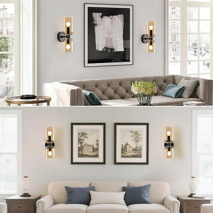 Modern Glass Wall Sconces- Double Head Wall Lighting with Long Short Glass Shades- Bathroom Vanity Light Mid-Century Up Down Hardwired Wall Lamp Indoor for Bedroom Hallway Living (Black-Amber)