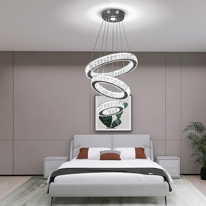 Finktonglan 3-Ring Crystal LED Chandelier, Cool White 6500K, 52W Integrated, Adjustable Height & Shapes, K9 Crystal & Stainless Steel Pendant Light for Dining Living Room Foyer, Non-Dimmable