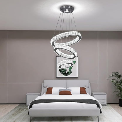 Finktonglan 3-Ring Crystal LED Chandelier, Cool White 6500K, 52W Integrated, Adjustable Height & Shapes, K9 Crystal & Stainless Steel Pendant Light for Dining Living Room Foyer, Non-Dimmable