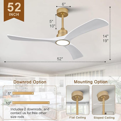 White Gold Ceiling Fans with Lights,52 inch Solid Wood Ceiling Fan with Remote Control,Wall Switch,Dimmable,Reversible,Power Off Memory Modern Ceiling Fan for Bedroom Patio Indoor/Outdoor Use