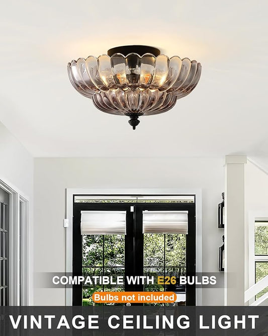 ANYLOVE Modern 12Inch Smoke Gray Flower Glass Semi Flush Mount Ceiling Light, 3 Light for Living Room Bedroom Hallway Entryway Foyer