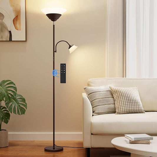 SIBRILLE 2-in-1 Torchiere Floor Lamp, 34W Super Bright LED Standing Lamp with Remote & Touch Control, 72" Dimmable Adjustable Corner Reading Lamp for Living Room, Bedroom, Office, Brown